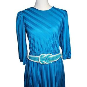 Vintage 80s Lady Carol Dress Womens Size S Disco Office Diagonal Stripe Belted